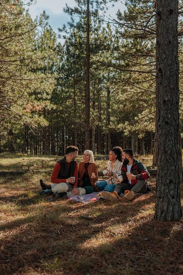 Freunde picknicken im Wald.